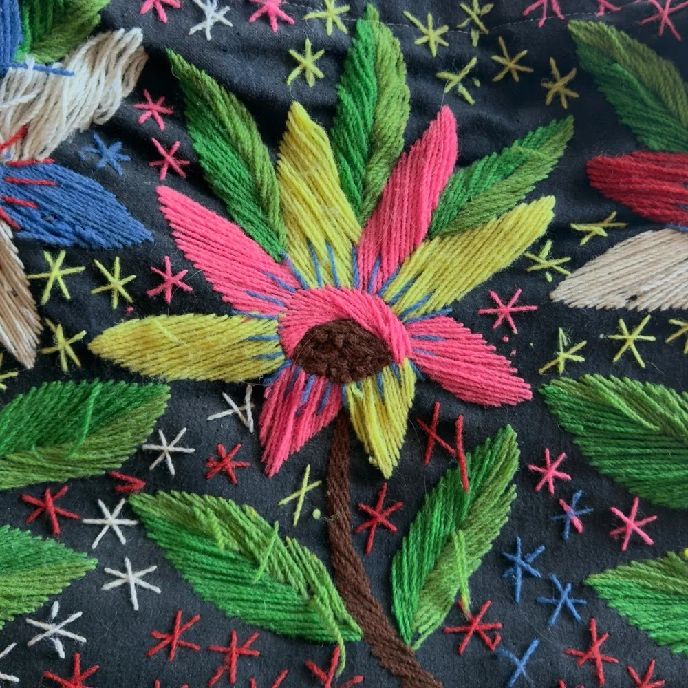 Vintage 70s wicker frame hand embroidered fabric basket tote